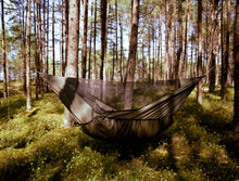 Load image into Gallery viewer, A dark olive green camping hammock with an integrated mosquito net, suspended between two trees in a dense pine forest.